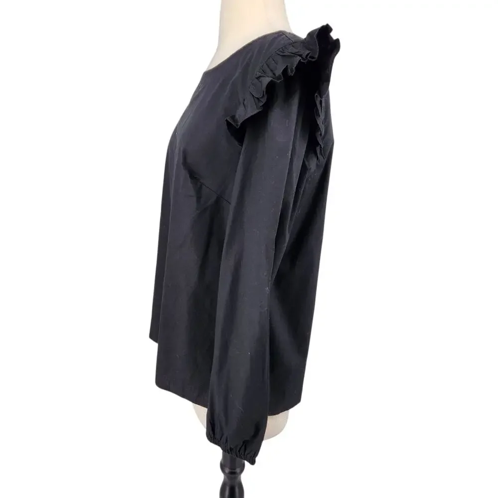 J Crew Ruffle Blouse – Black Long Sleeve Romantic Ruffle Shoulder